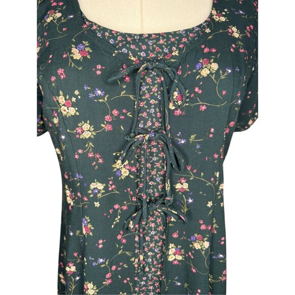 Vtg Another Thyme Women’s 4 A-Line Dress Green Floral Rayon Cottage Core 90s - Picture 2 of 7
